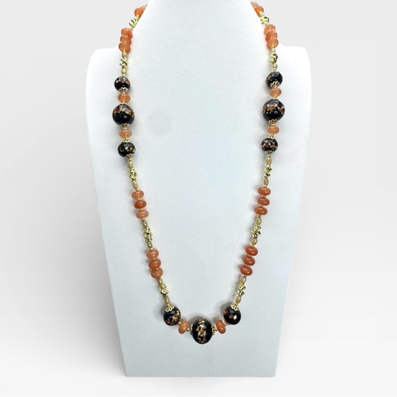 SOLD-ARTISAN Vintage Black Murano Lampwork Glass and Carnelian Gemstone Necklace - Picture 9 of 16